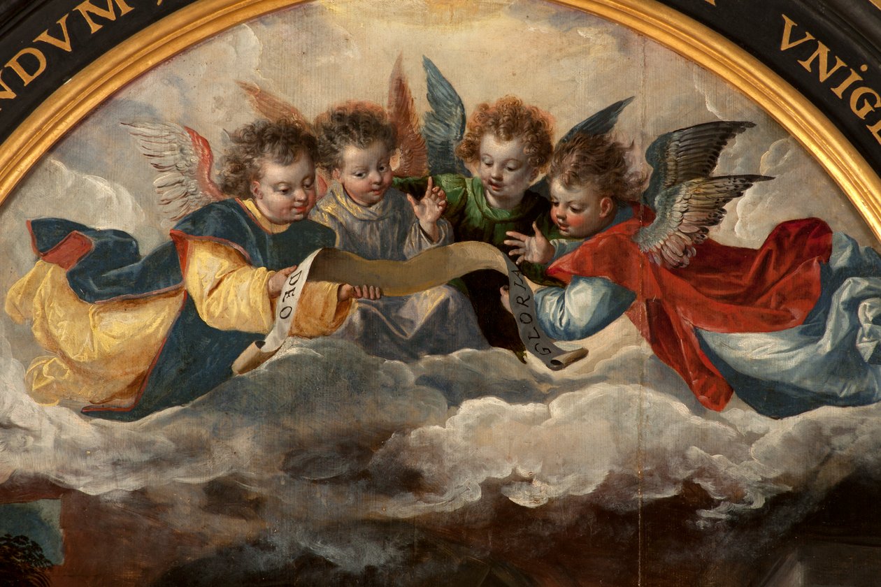Tilbedelse av Magi, Triptych, Sentralpanel, detalj, maleri på tre av Maarten de Vos