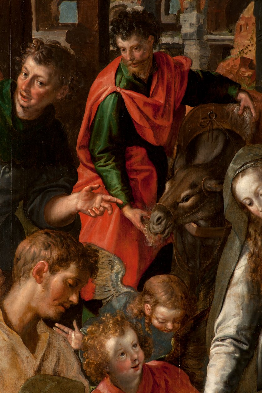 Tilbedelse av Magi, Triptych, Sentralpanel, detalj, maleri på tre av Maarten de Vos