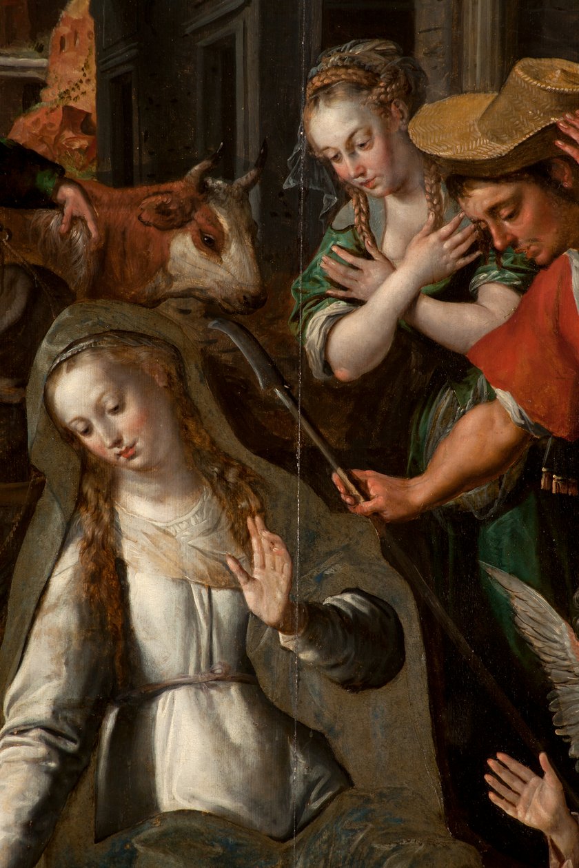 Tilbedelse av Magi, Triptych, Sentralpanel, detalj, maleri på tre av Maarten de Vos
