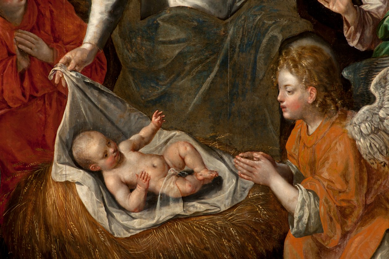 Tilbedelse av Magi, Triptych, Sentralpanel, detalj, maleri på tre av Maarten de Vos