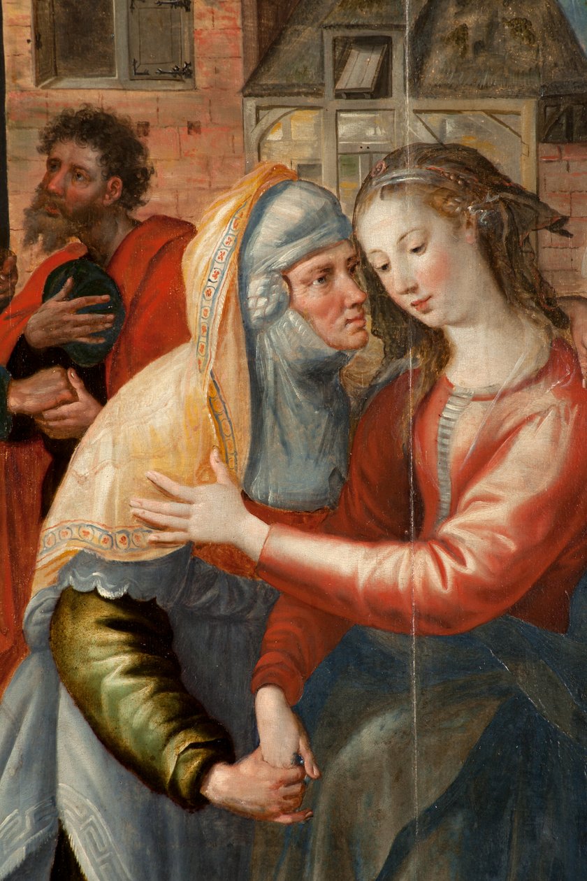 Adoration of the Magi, Triptych, Venstre panel: Holy Virgins liv, detalj, maleri på tre av Maarten de Vos