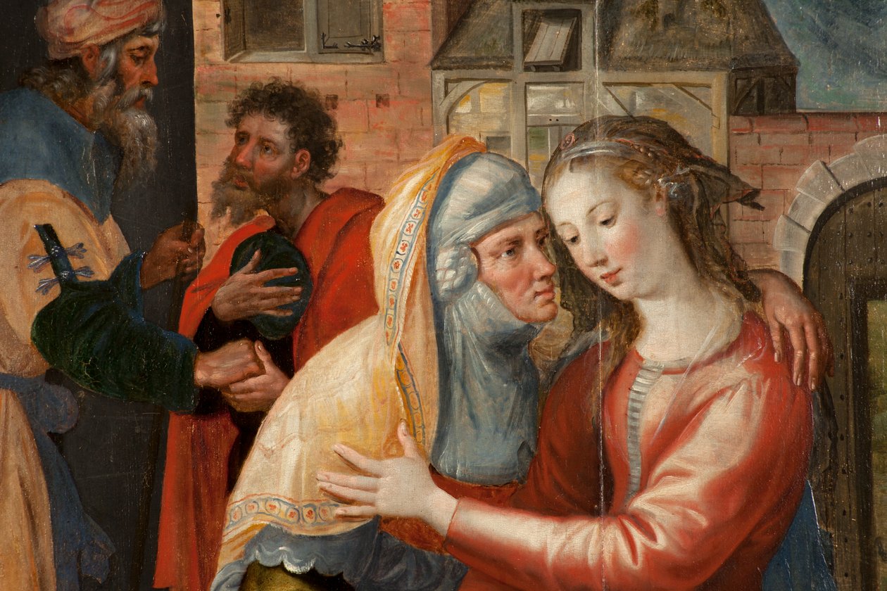 Adoration of the Magi, Triptych, Venstre panel: Holy Virgins liv, detalj, maleri på tre av Maarten de Vos