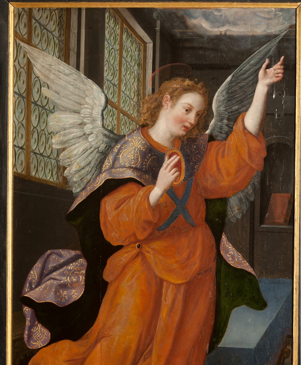 Tilbedelse av Magi, Triptych, Venstre panel, bakre del, detalj, maleri på tre av Maarten de Vos