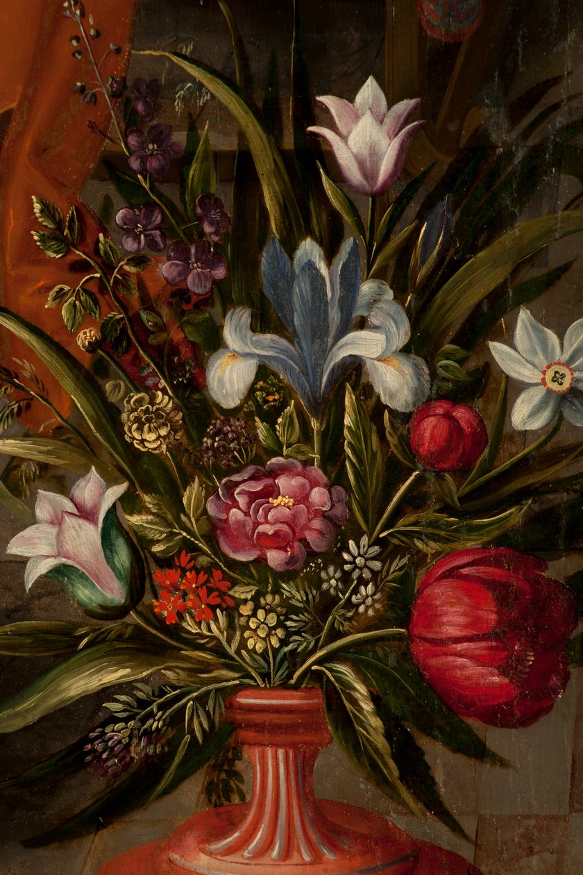 Tilbedelse av Magi, Triptych, Venstre panel, bakre del, detalj, maleri på tre av Maarten de Vos