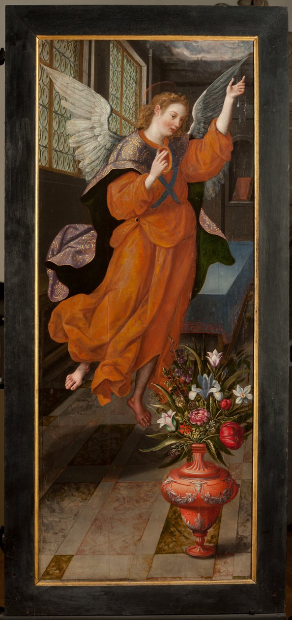 Tilbedelse av Magi, Triptych, Venstre panel, bakre del, maleri på tre av Maarten de Vos