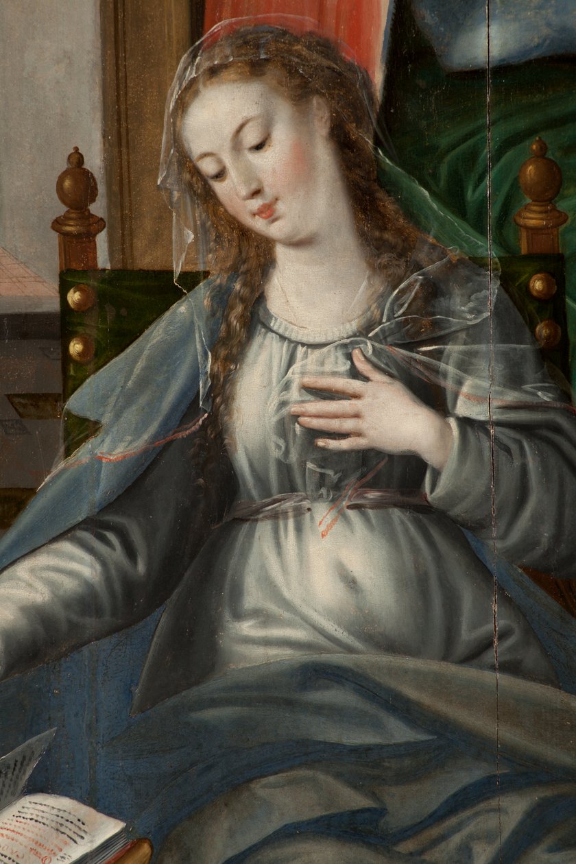 Tilbedelse av Magi, Triptych, Høyre panel bakdel, detalj, maleri på tre av Maarten de Vos