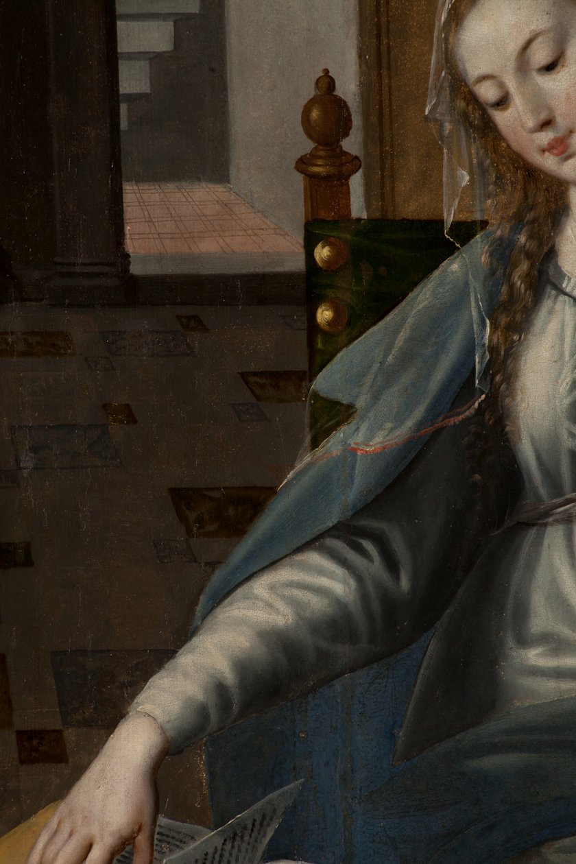 Tilbedelse av Magi, Triptych, Høyre panel bakdel, detalj, maleri på tre av Maarten de Vos
