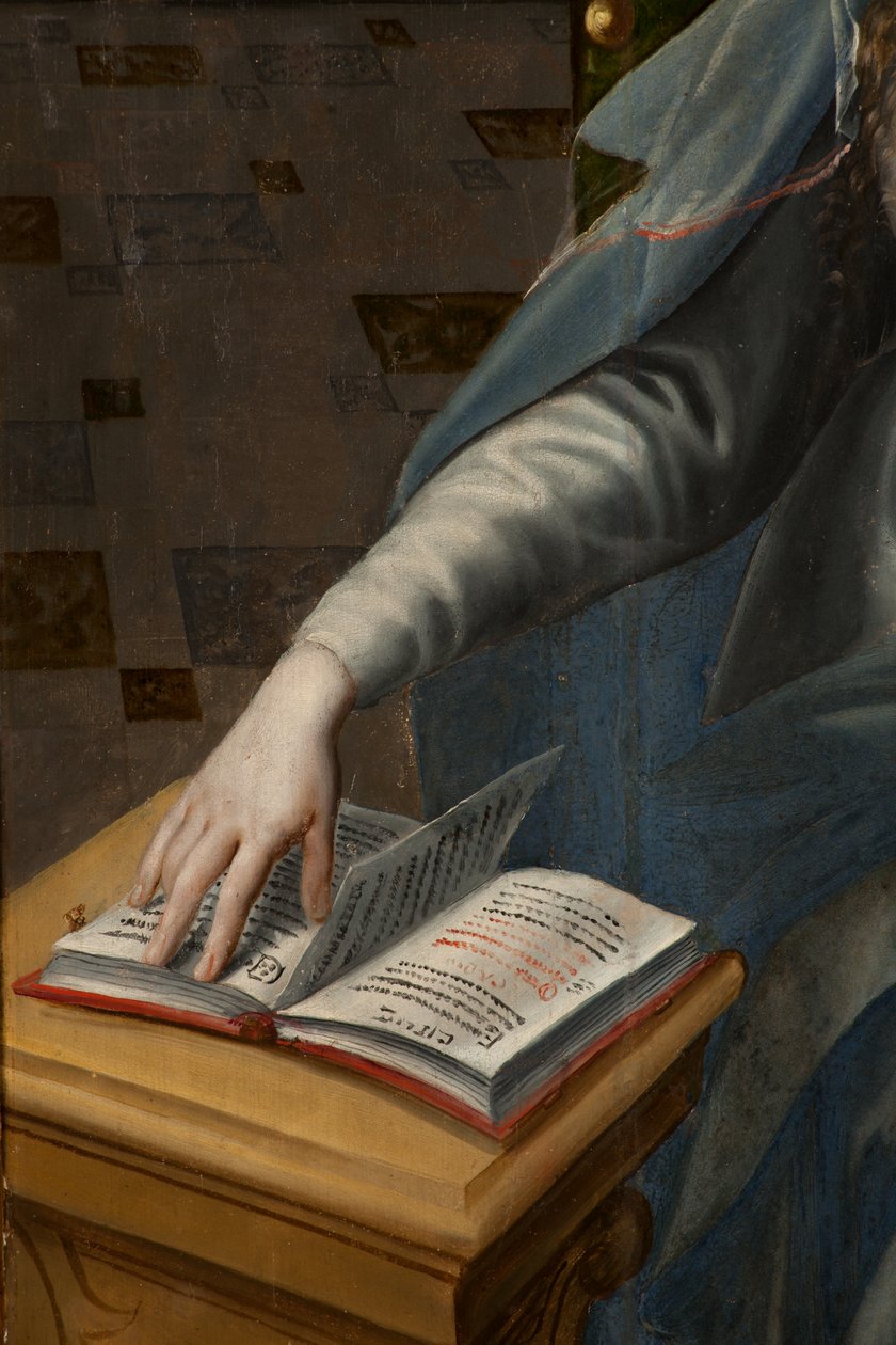 Tilbedelse av Magi, Triptych, Høyre panel bakdel, detalj, maleri på tre av Maarten de Vos
