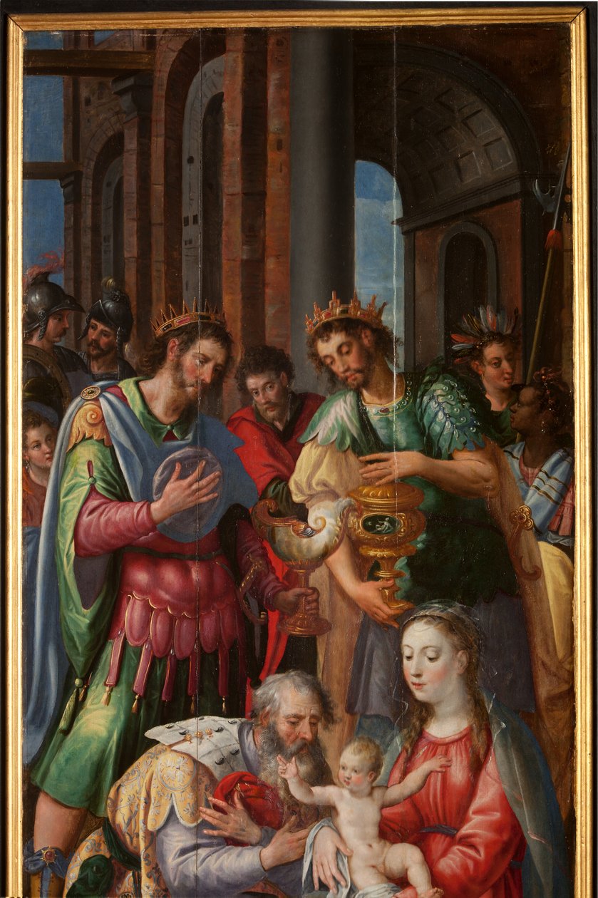 Tilbedelse av Magi, Triptych, Høyre panel, detalj, maleri på tre av Maarten de Vos
