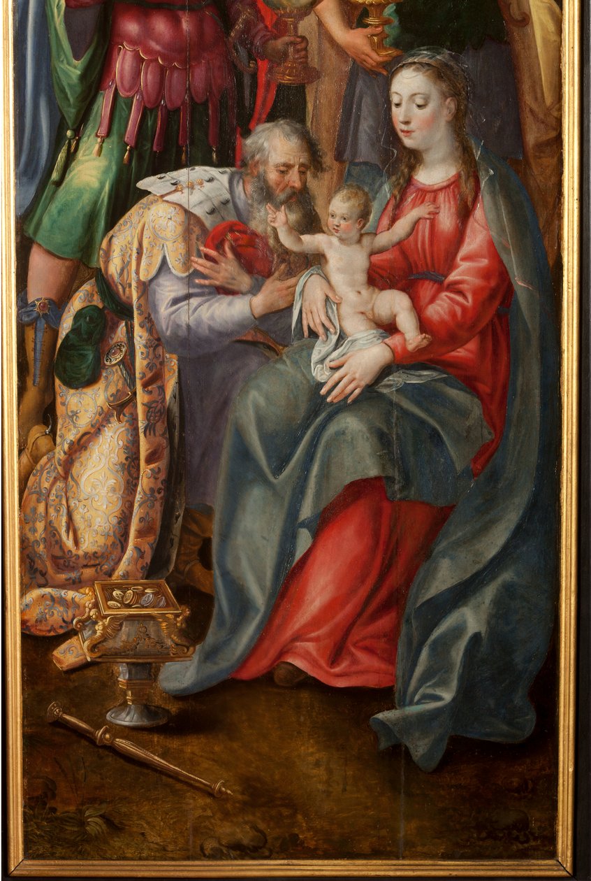 Tilbedelse av Magi, Triptych, Høyre panel, detalj, maleri på tre av Maarten de Vos