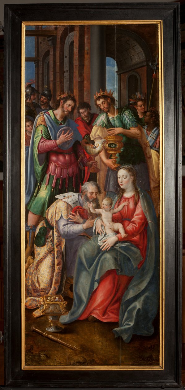 Tilbedelse av Magi, Triptych, Høyre panel, maleri på tre av Maarten de Vos