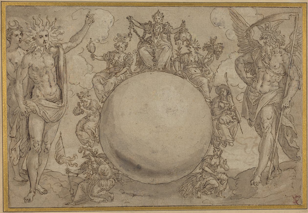 Apollo, Diana og tiden med menneskelivets sykliske omskiftelser, ca. 1561 (penn og brunt blekk med grå vask over spor av grafitt, risset inn for overføring på lagt papir) av Maarten de Vos