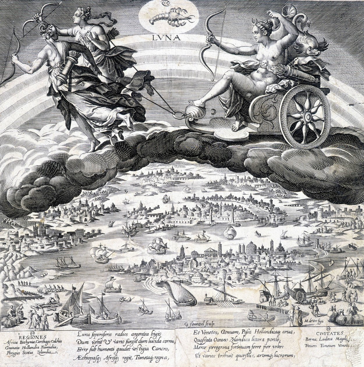 Luna: allegori om månen (Diana) og skorpionen som er under dens innflytelse (stjernetegn) - gravering av Maaerten de Vos (Martin de Vos, Marten de Vos) (1532-1603), n.d. av Maarten de Vos