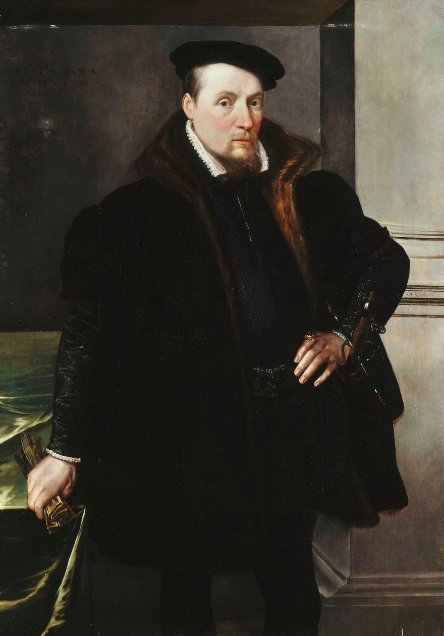Portrett av en gentleman, trekvart lengde, i en svart frakk med pelsfôr, 1551 av Maarten de Vos