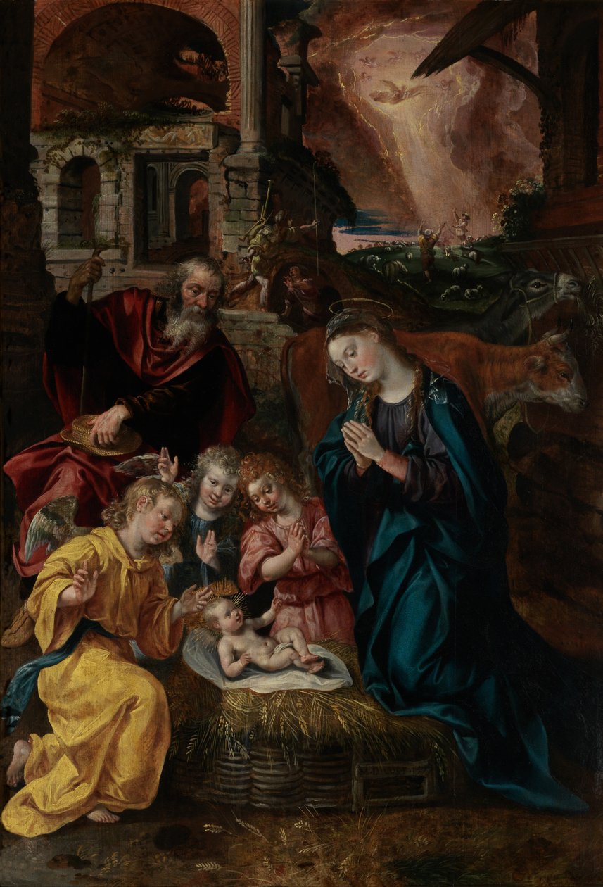The Birth of Christ (olje på panel) av Maarten de Vos