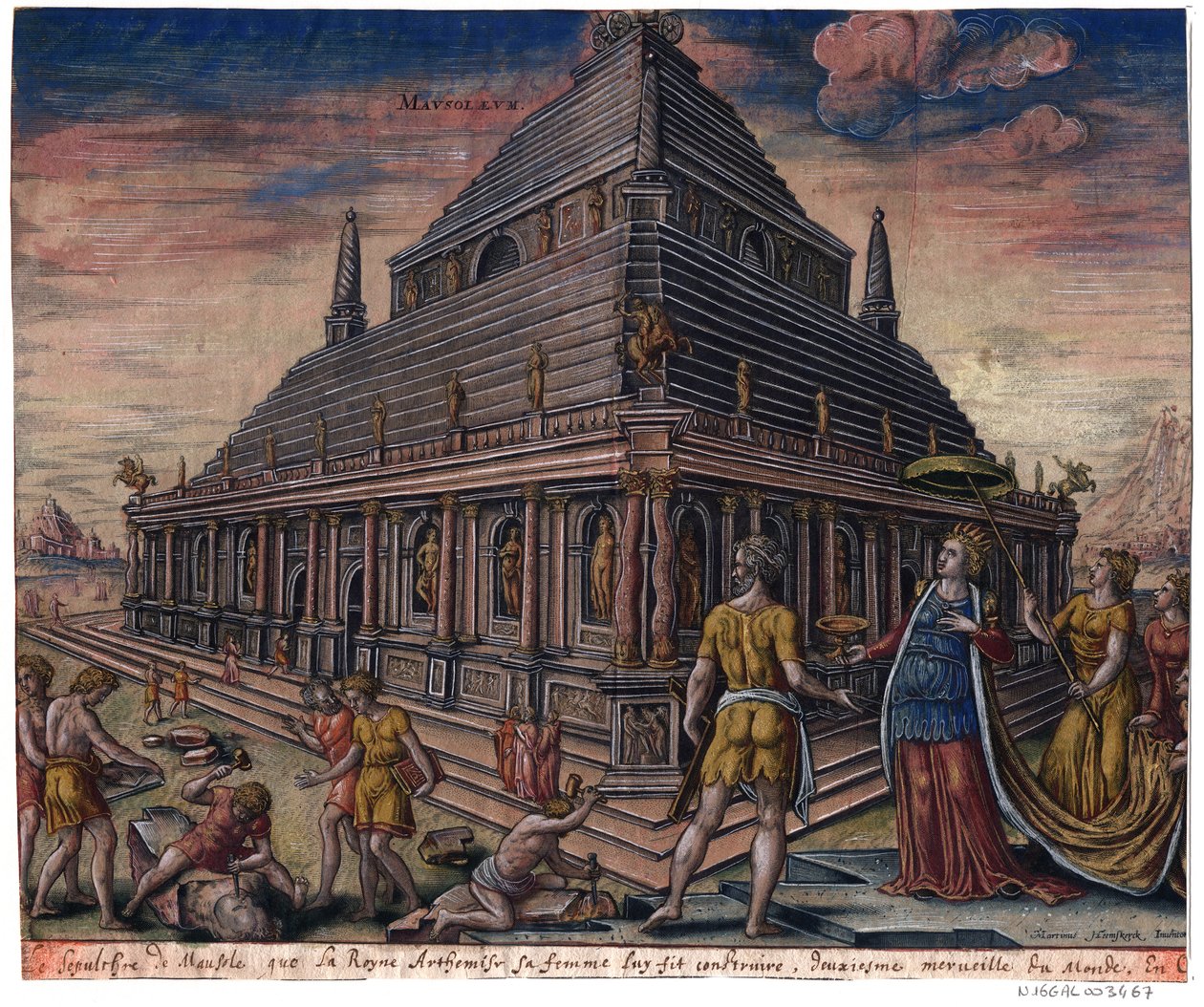 Mausoleet ved Halicarnassus (fra serien ""Verdens åttende vidundere") Etter Maarten van Heemskerck - Galle, Philipp (1537-1612) - 1572 - Etsning, akvarell - Bibliotheque Municipale de Lyon av Maarten van (after) Heemskerck