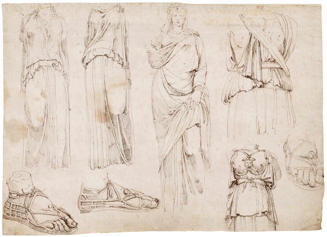 Kvinnefigurer og sandaler, ca. 1498-1574 (rødt kritt, penn og brunt blekk) av Maarten van Heemskerck (circle of)