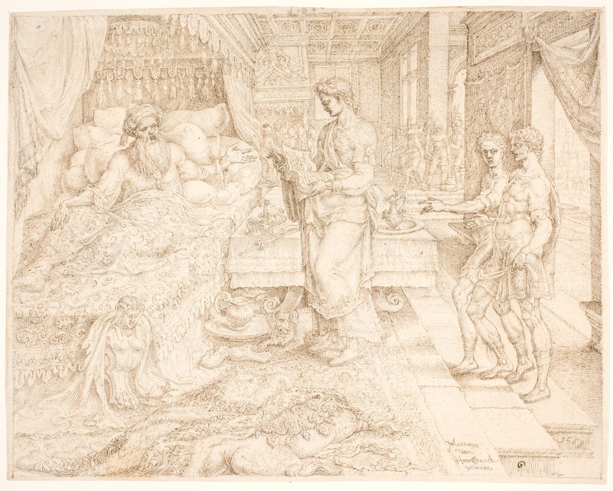 Ahasverus, da han ikke kunne sove, konsulterte opptegnelsene av Maarten van Heemskerck