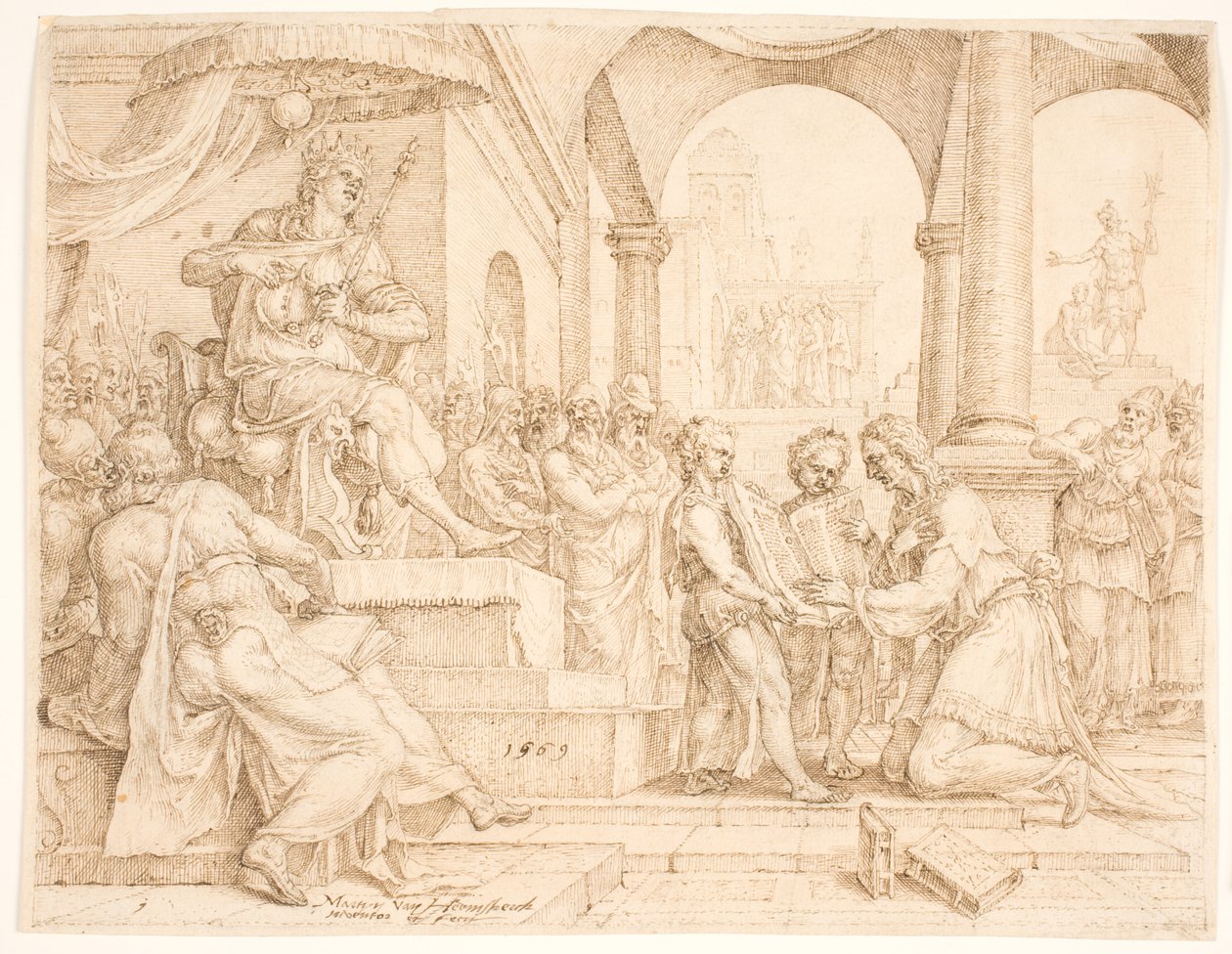 Statssekretæren Sjafan leser fra lovboken for kong Josias, som river klærne hans av Maarten van Heemskerck