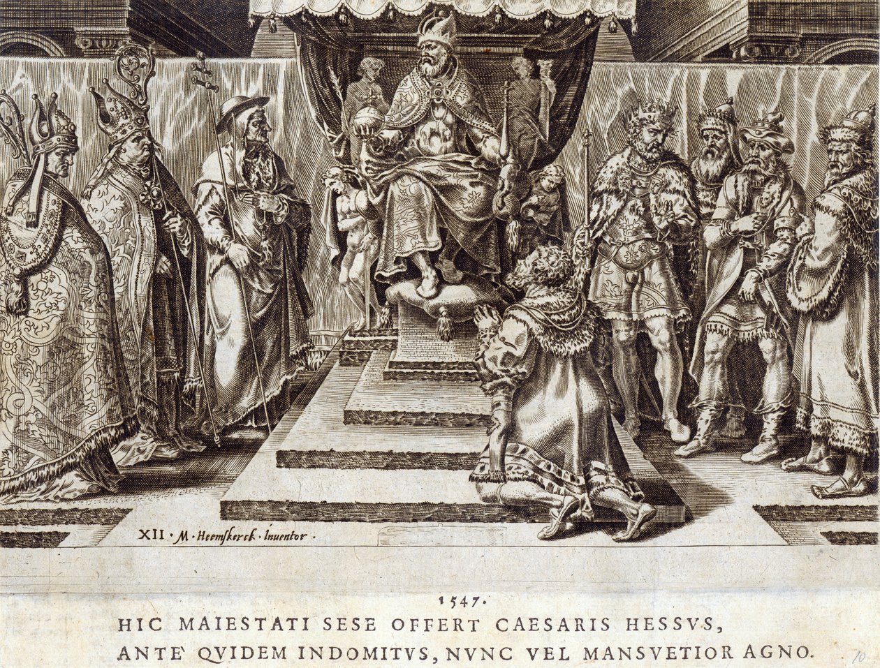 The Submission of Philip, Landgrave of Hesen i 1547, plate 12 fra 'The Military Achievements of Emperor Charles V', gravert av Dirk Volkertsz Coornhert (1522-90), 1555 (gravering og etsning) av Maarten van Heemskerck