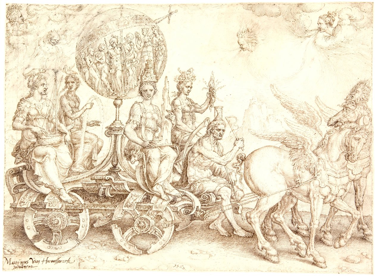 Triumfvogn. Mundus (Verden). (En allegori over de fire elementene) av Maarten van Heemskerck