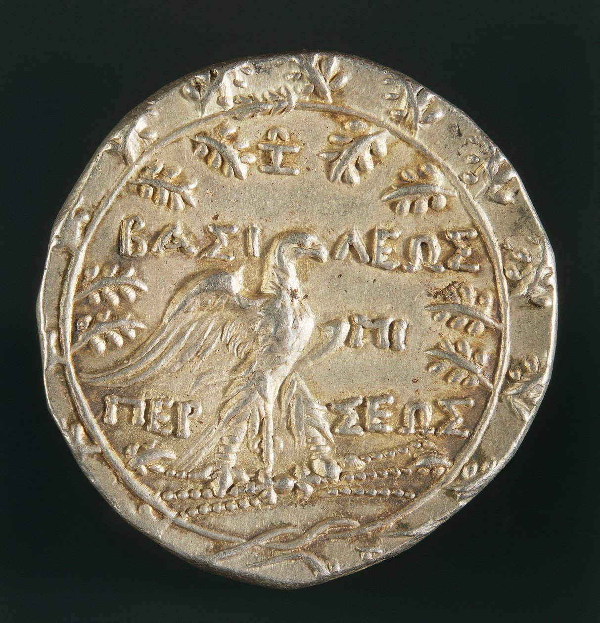 Tetradrachm av kong Perseus av Makedonien, preget i Pella, Kongeriket Makedonia, omvendt, ca. 179-168 f.Kr. (sølv) av Macedonian