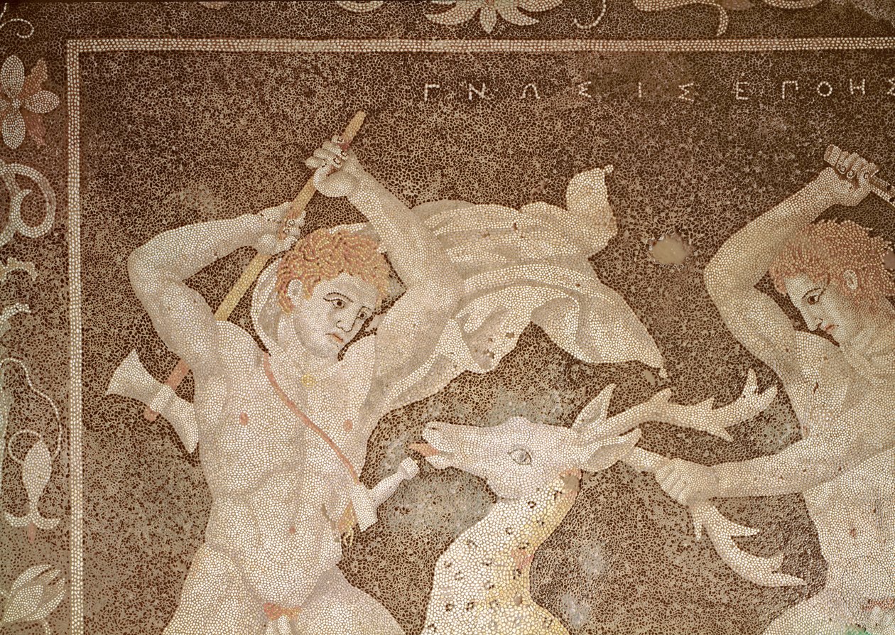 Hjortejakten, detalj av jegerne, fra «Huset der Helena ble bortført» (mosaikk) av Macedonian