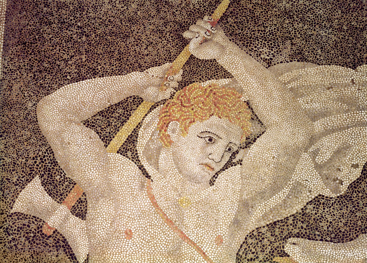 Stag Hunt, detalj av en jeger, fra House of the Abduction of Helen mosaikk av Macedonian School