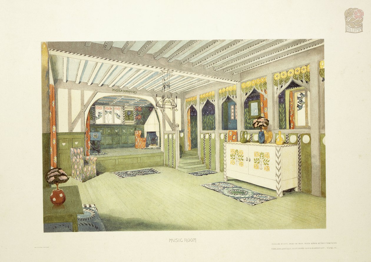 Music Room, Isle of Man, ca. 1901 (fargelitografi) av Mackay Hugh (after) Baillie Scott