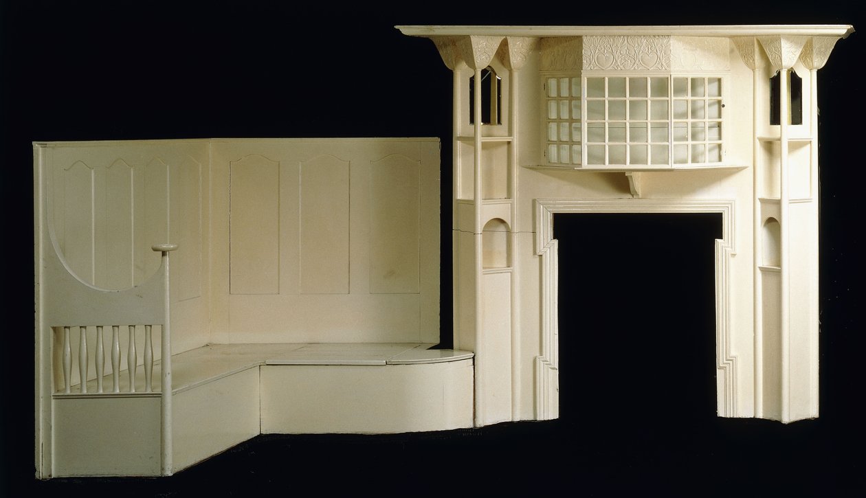 En malt vedovnsramme og inglenook designet for Glencrutchery House, Douglas, ca. 1897, ca. 1897 (malt tre) av Mackay Hugh Baillie Scott