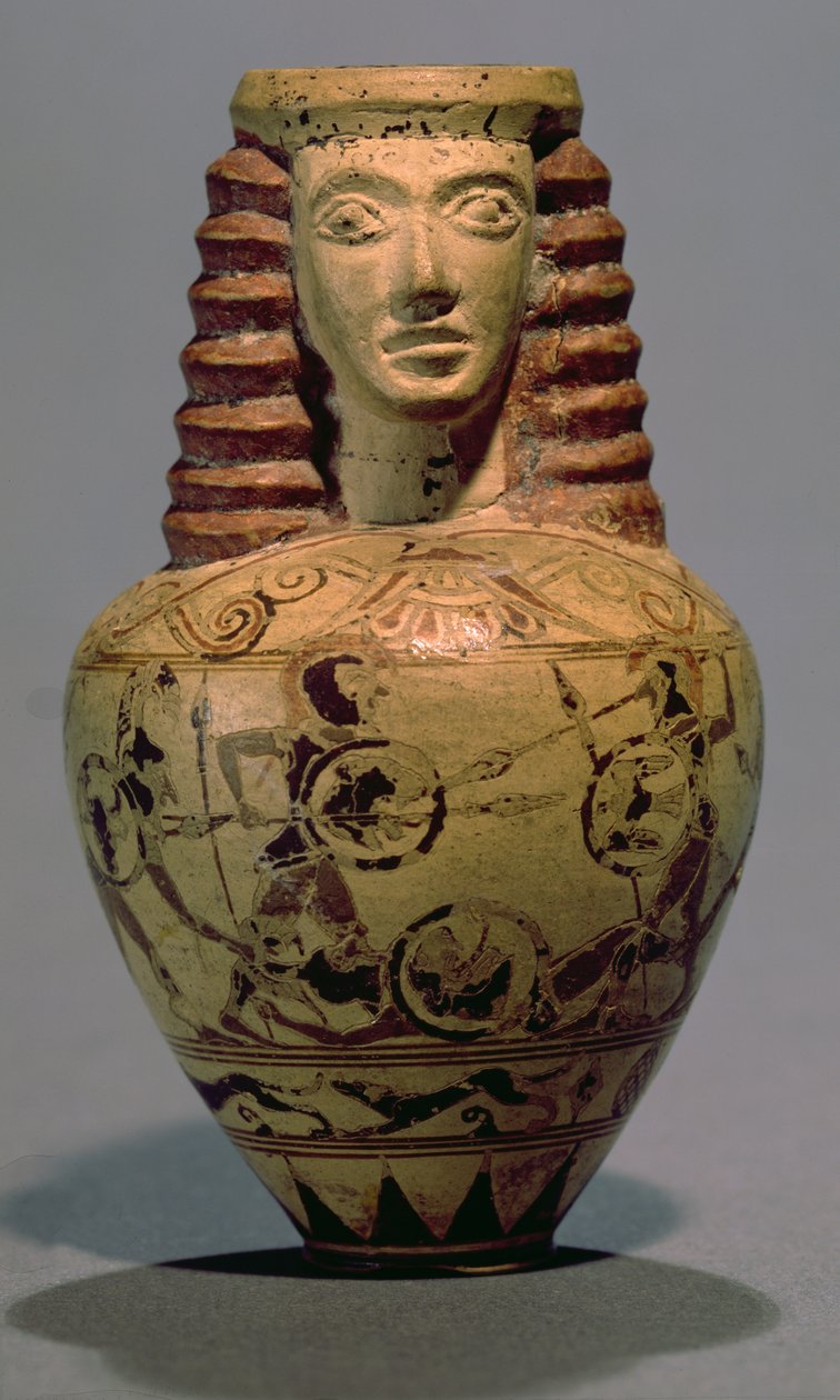 Proto-korintiske aryballos med et menneskehode, dekorert med en kampscene, ca. 640 f.Kr. (keramikk) av Macmillan Painter