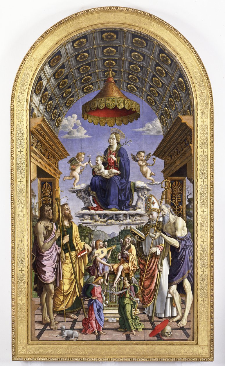 Madonna og barn i herlighet, musikerengler og helgener døperen Johannes, Jakob, Ugo og Hieronymus, 1498 av Macrino dAlba