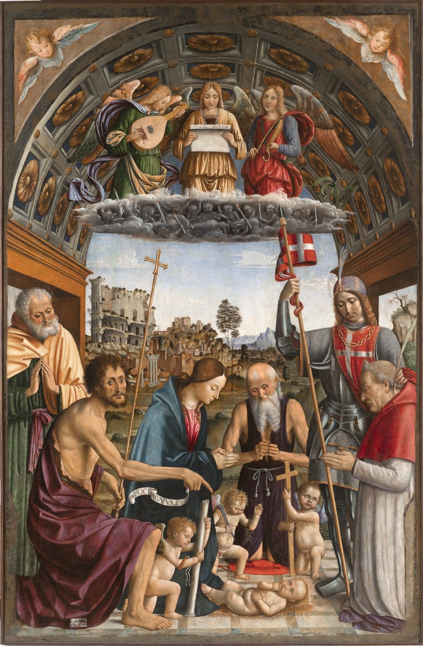 Madonna i tilbedelse av barnet med putti som bærer symbolene på lidenskapen, musikerengler, de hellige Josef, døperen Johannes, Hieronymus, Solutor og giveren Amedeo av Romagnano, av Macrino dAlba
