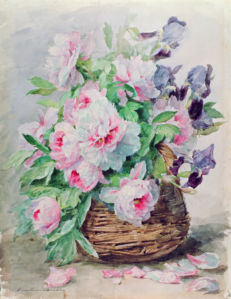 Iris og peoner i en kurv (wc og gouache på papir) av Madeleine Lemaire