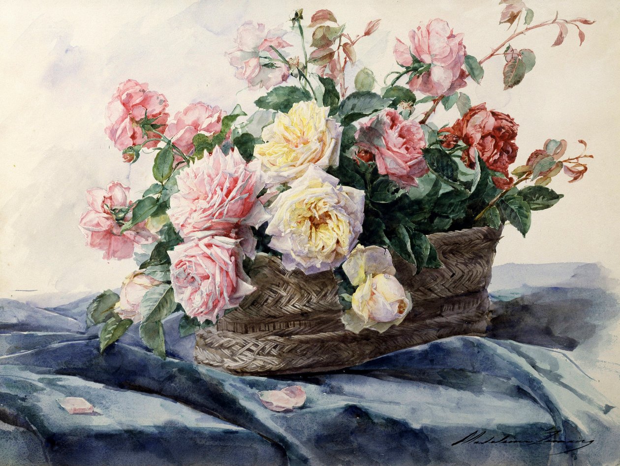 Kurv med roser. Maleri av Madeleine Jeanne Lemaire (1845–1928). Privat samling. av Madeleine Lemaire