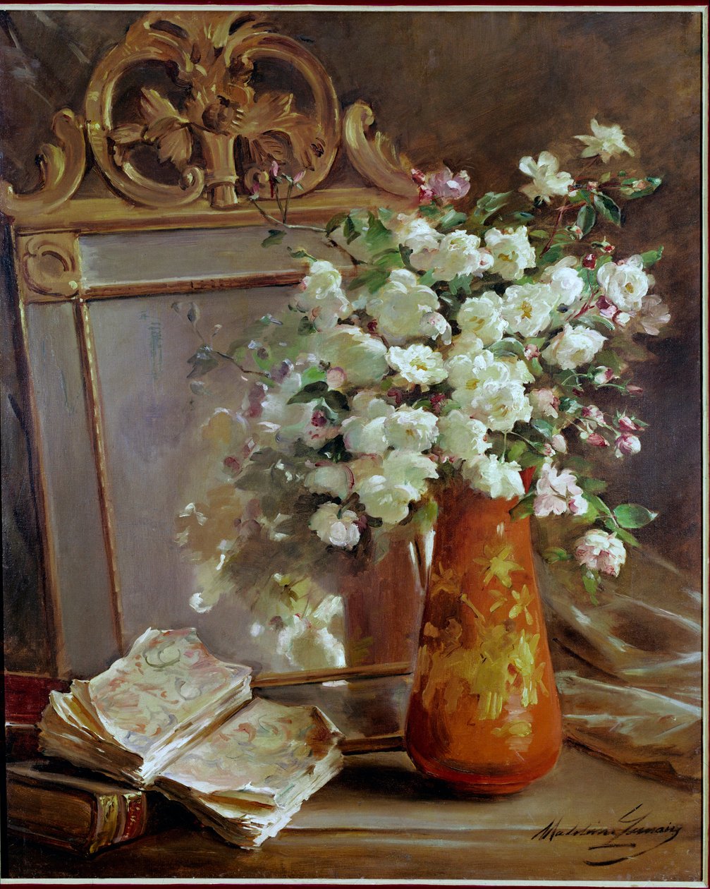 Den røde vasen stilleben med speil, blomsterbukett og bok. Maleri av Madeleine Lemaire (1845-1928), 1900-tallet. Privat samling av Madeleine Lemaire