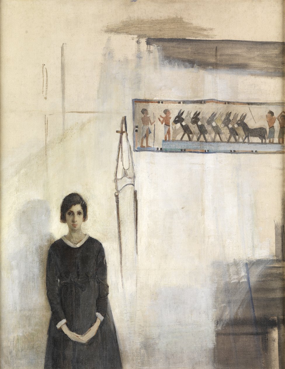 Selvportrett med egyptisk henging (olje om bord) av Madeline Emily Green
