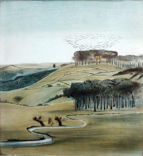 Landskap med flock of Rooks (blyant, penn og blekk og akvarell på papir) av Madeline Wyndham