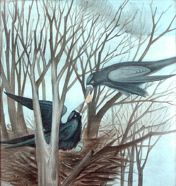 Two Rooks feeding in a tree (blyant og akvarell på papir) av Madeline Wyndham