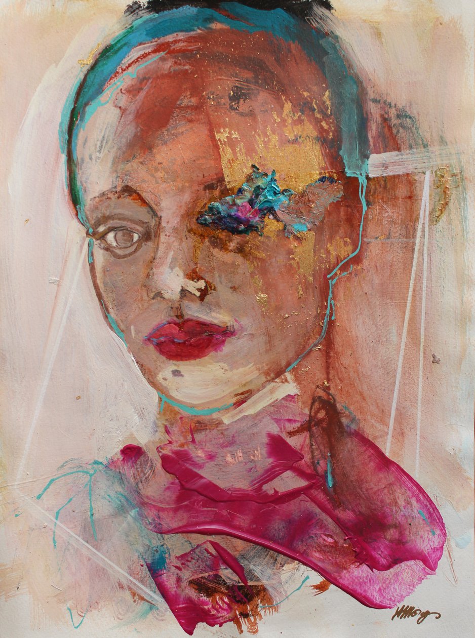 Lost In Thought 2, 2020 (akryl, pastell og bladgull på papir) av Madgalena Morey