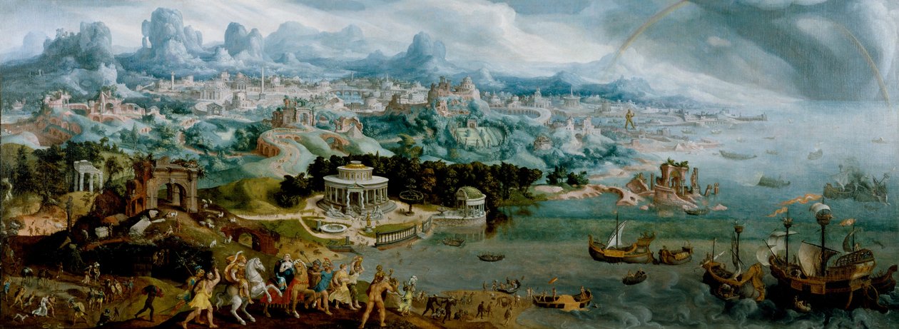 Panorama med bortføringen av Helen midt i underverkene i den antikke verden av Maerten van Heemskerck