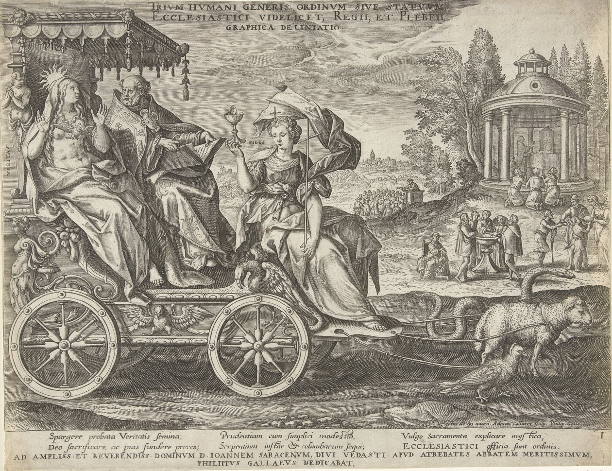 Allegory of the First Estate, gravert av Adriaen Collaert etter Maarten de Vos og utgitt av Philip Galle; dedikert til Jean Sarrazin av Maarten de Vos
