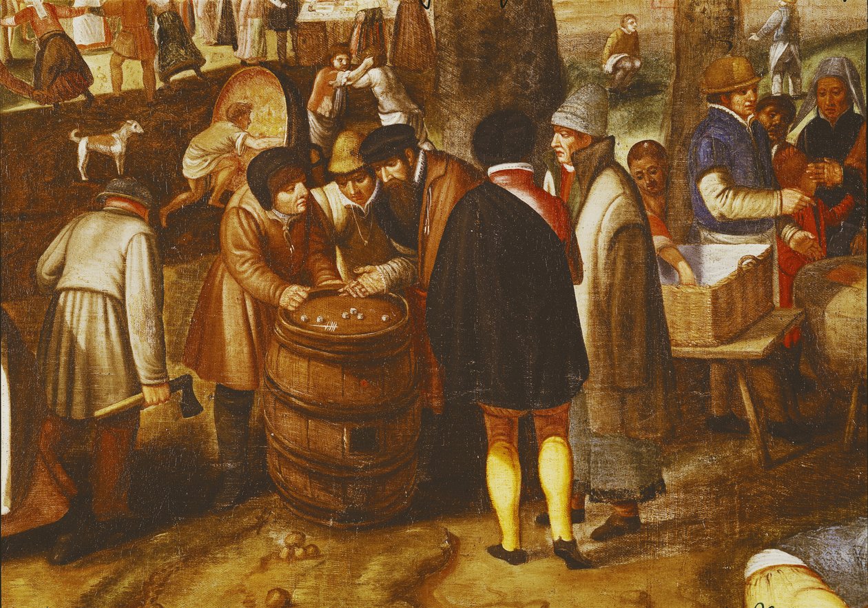 Flemish Fair, detalj av menn som spiller terninger av Maerten van Cleve