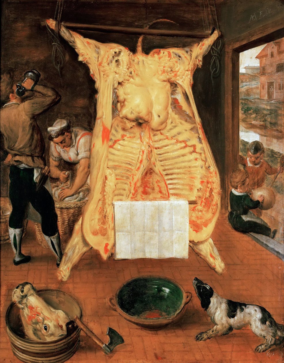 Le boeuf abattu - Den slaktede oksen - Marten van Cleve (van Cleef), den eldste (1527-1581). Olje på tre av Maerten van Cleve