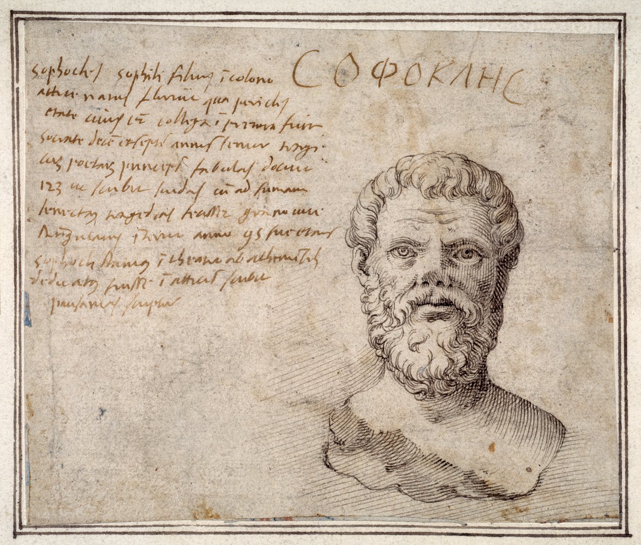 Antikk byste av Sophocles, kommentert, etter Fulvio Orsini (penn og blekk på papir) av Maerten van Heemskerck