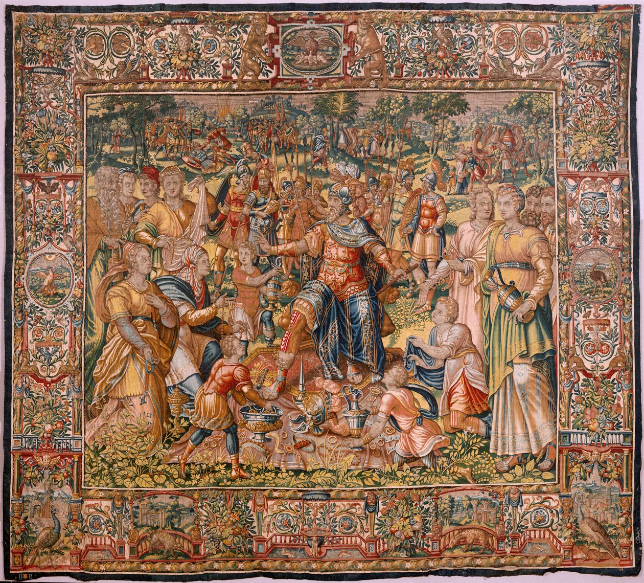 Bispedømmemuseum (Bispedømmemuseum). flamsk billedvev. Brussel. François Geubels verksted. Serien Historien om Gideon. Israelittene overlater sin del av byttet til Gideon. Silke og ull. Legat av Bisho av Maerten van Heemskerck