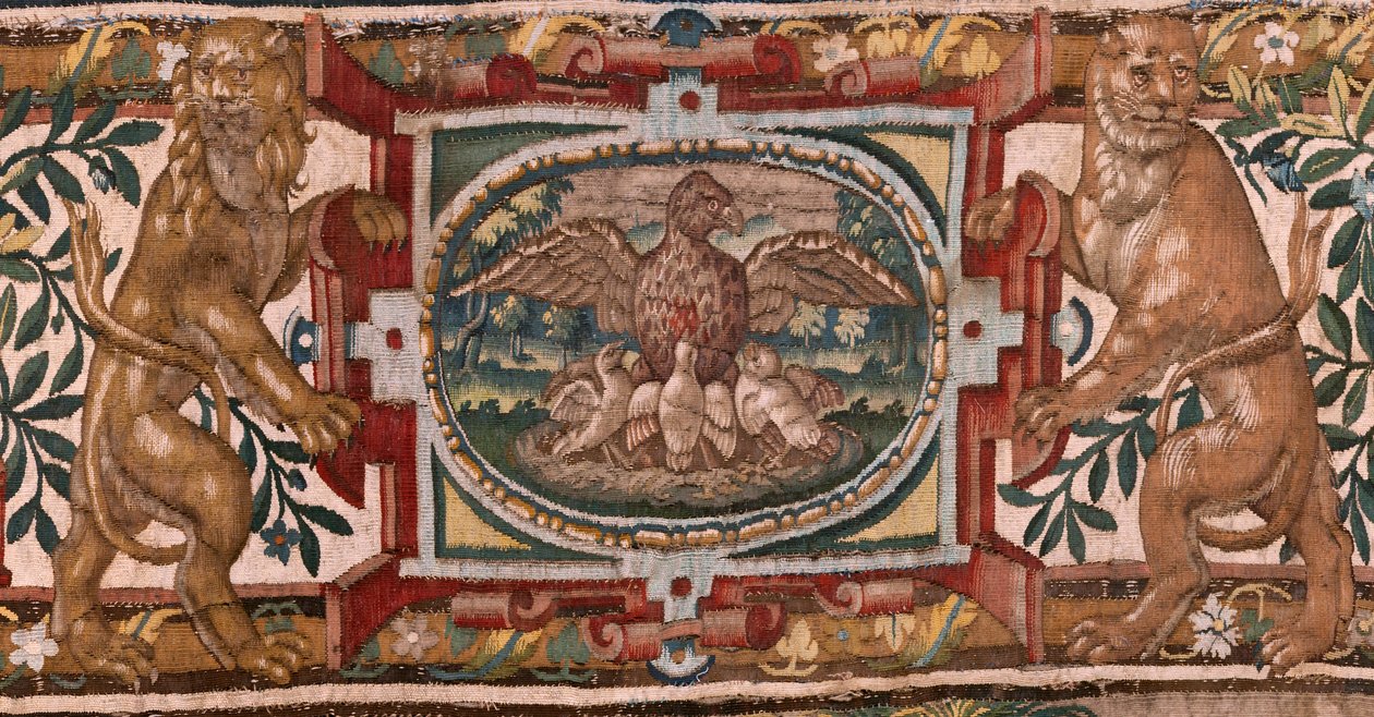 Bispedømmemuseum (Bispedømmemuseum). flamsk billedvev. Brussel. François Geubels verksted. Serien Historien om Gideon. Israelittene overlater sin del av byttet til Gideon. Silke og ull. Legat av Bisho av Maerten van Heemskerck