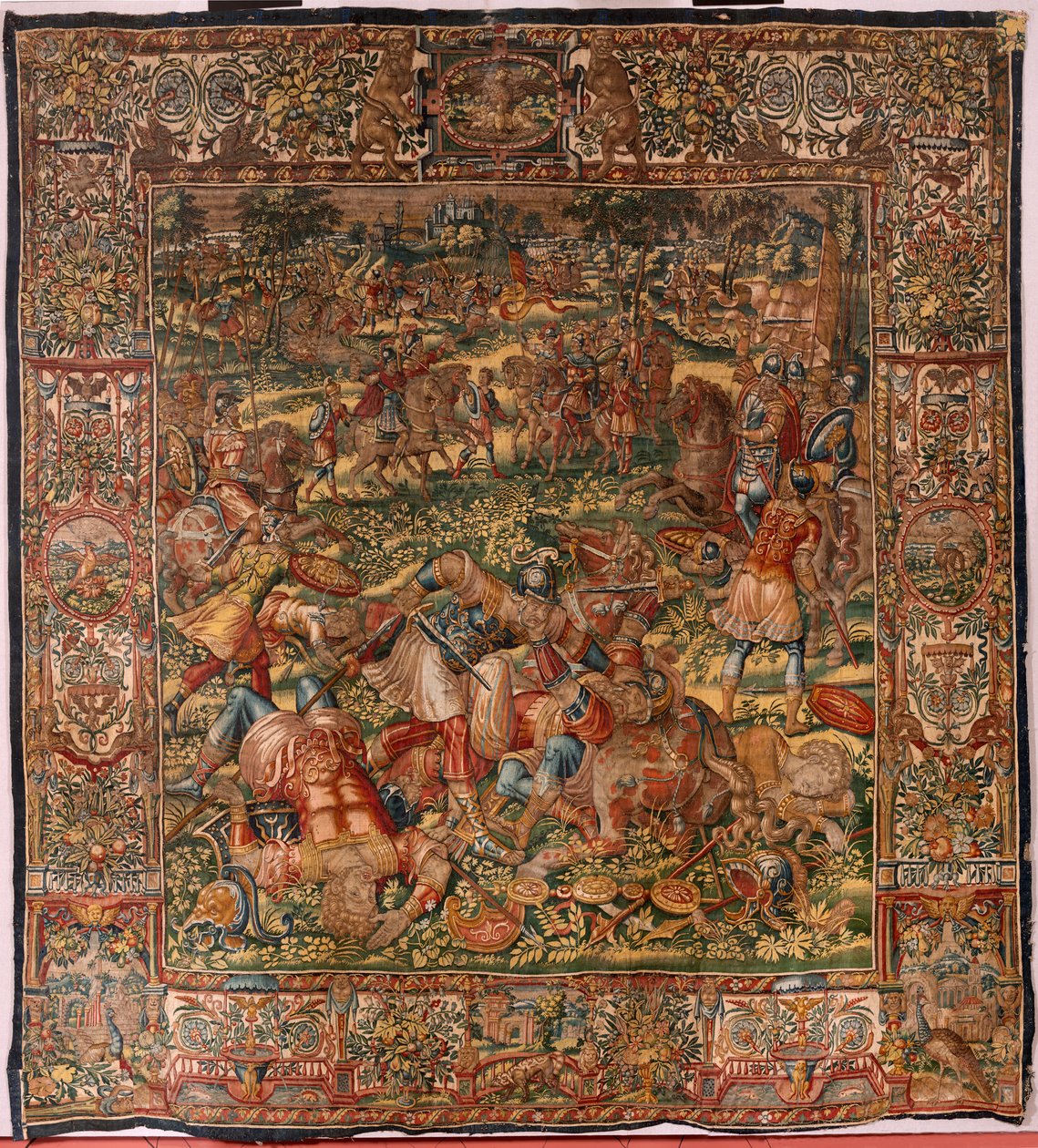 Bispedømmemuseum (Bispedømmemuseum). flamsk billedvev. Brussel. François Geubels verksted. Serien Historien om Gideon. Midianittenes nederlag. Silke og ull. Legat fra biskop Vincent Rock av Serna. Barokk. 1534-1571, i av Maerten van Heemskerck