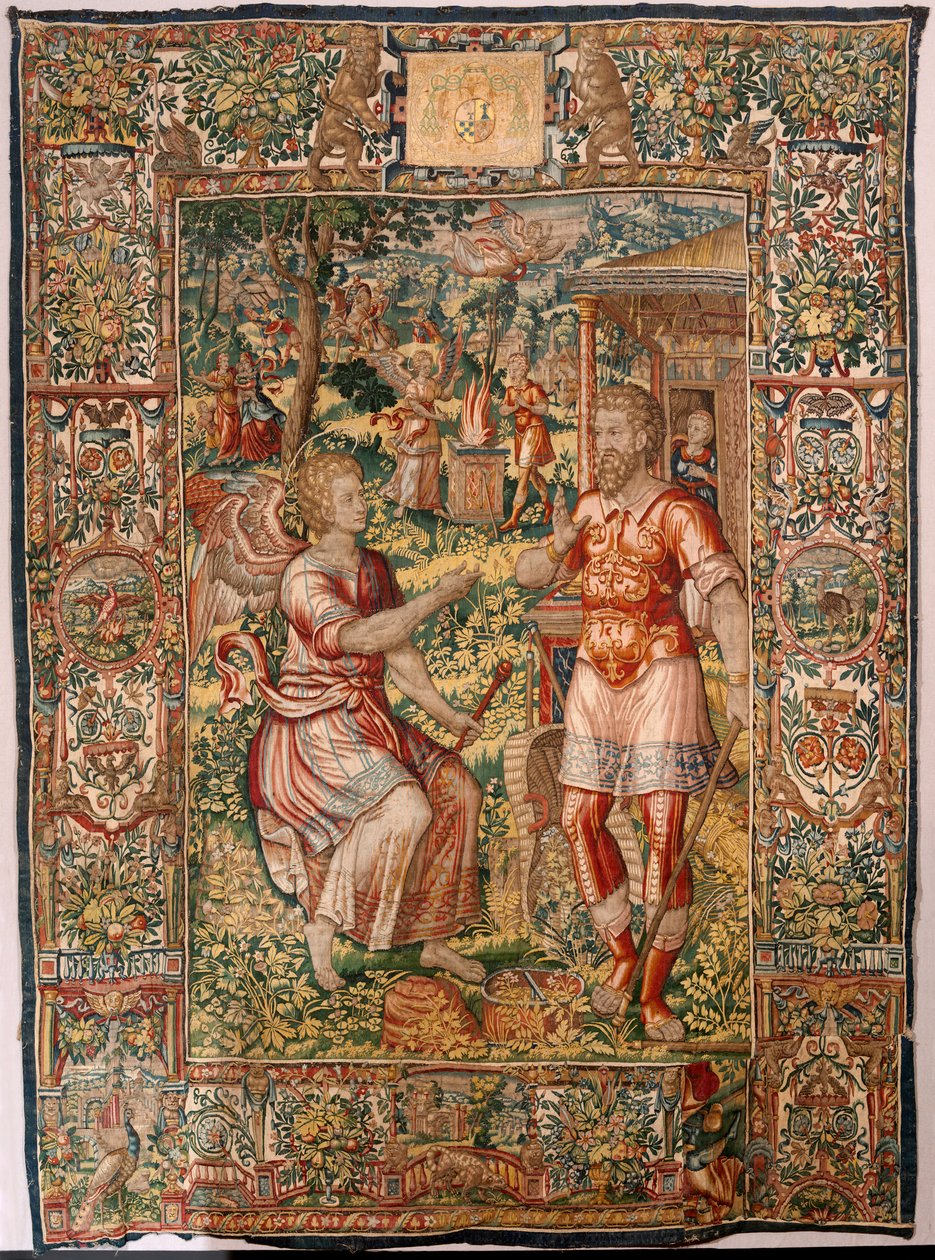 Bispedømmemuseum (Museo Diocesano). flamsk billedvev. Brussel. Atelier François Geubels. Serien Story of Gideon. Gideon og engelen (Gedeón y el ángel). Silke og ull. Legat fra biskop Vicente Roca de la Serna. Barokk. 1534-1571, i katedralen siden av Maerten van Heemskerck