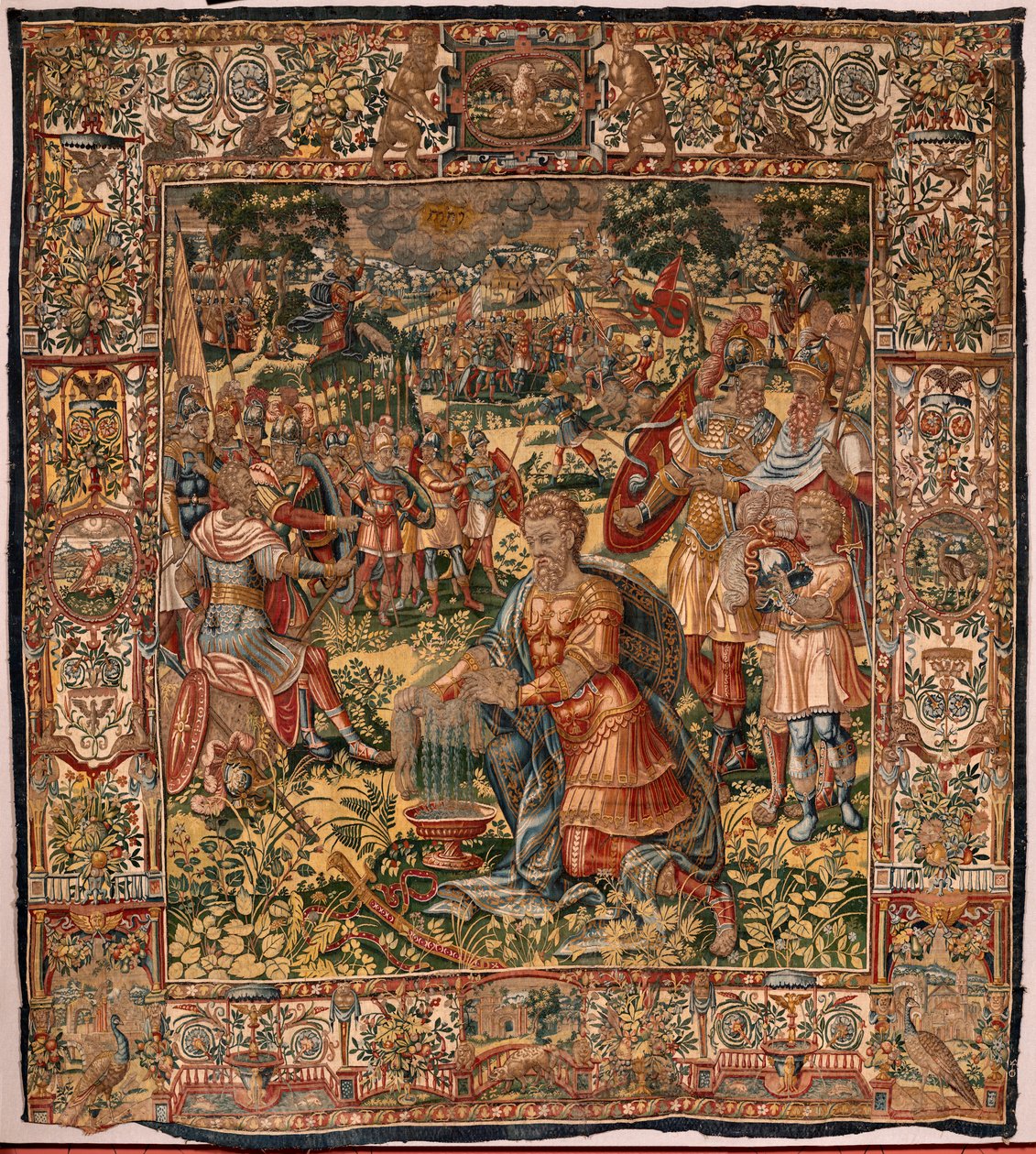 Bispedømmemuseum (Museo Diocesano). flamsk billedvev. Brussel. Atelier François Geubels. Serien Story of Gideon. Miraklet med ullfleece (Prueba del vellón de lana). Silke og ull. Legat fra biskop Vicente Roca de la Serna. Barokk. 1534-1571, dvs av Maerten van Heemskerck